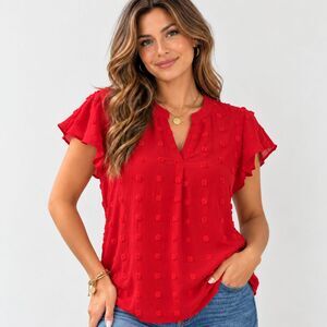 MEROKEETY Womens Red Swiss Dot Ruffle Sleeve Blouse 2XL NWT Split Neck Flowy Top